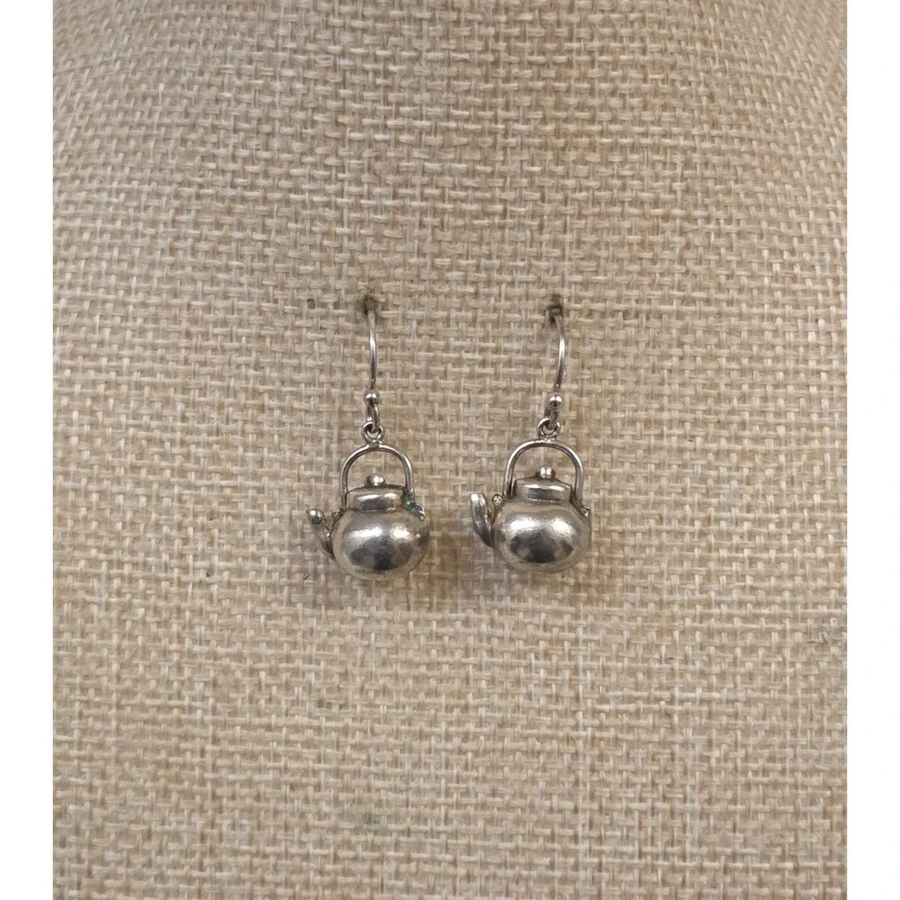 Unique Vintage Solid Sterling Silver Tea Kettle Dangle Earrings Coffee Pot